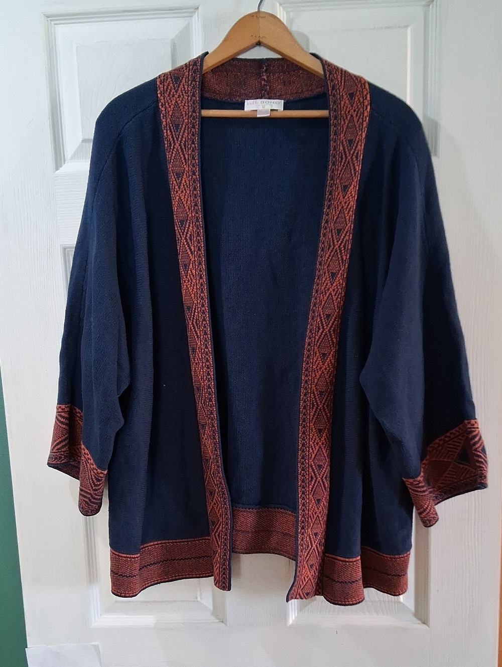 Belle by Kim Gravel Navy Open Cardigan with Rust Trim Details